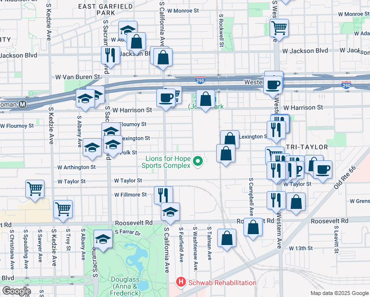 map of restaurants, bars, coffee shops, grocery stores, and more near 2725 West Polk Street in Chicago