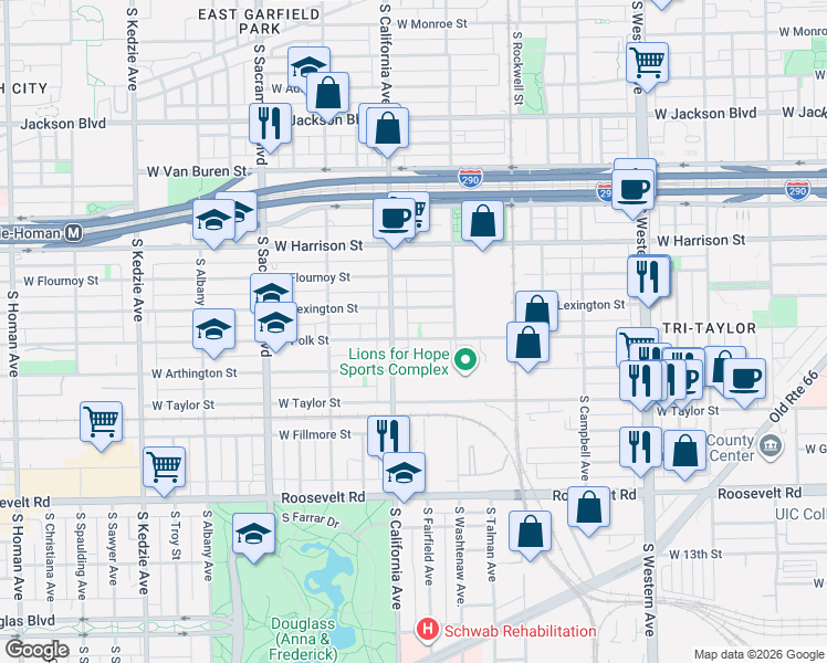map of restaurants, bars, coffee shops, grocery stores, and more near 2725 West Polk Street in Chicago