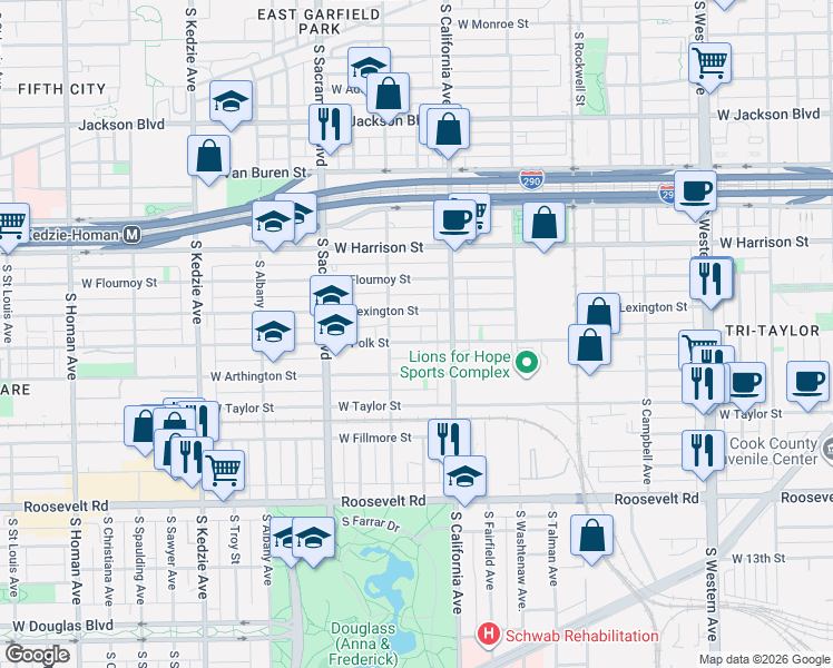 map of restaurants, bars, coffee shops, grocery stores, and more near 2837 West Polk Street in Chicago