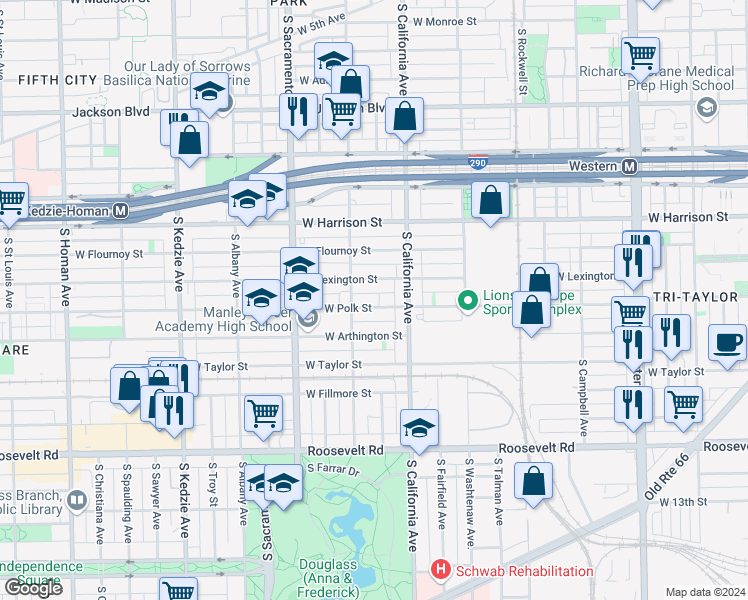 map of restaurants, bars, coffee shops, grocery stores, and more near 2837 West Polk Street in Chicago
