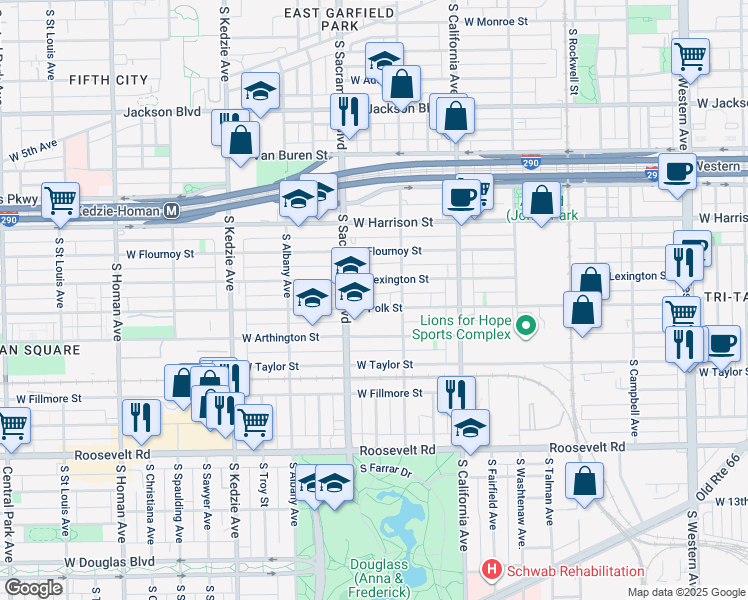 map of restaurants, bars, coffee shops, grocery stores, and more near 2910 West Polk Street in Chicago