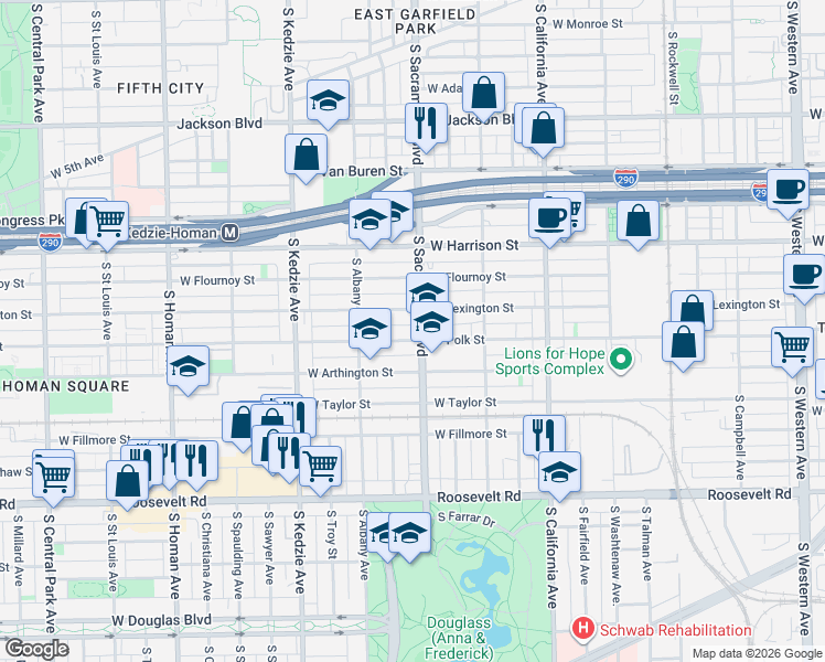 map of restaurants, bars, coffee shops, grocery stores, and more near 3020 West Polk Street in Chicago