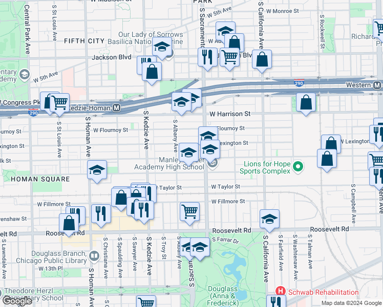 map of restaurants, bars, coffee shops, grocery stores, and more near 3020 West Polk Street in Chicago