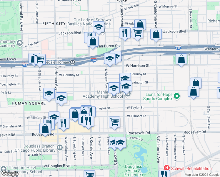 map of restaurants, bars, coffee shops, grocery stores, and more near 800 South Albany Avenue in Chicago