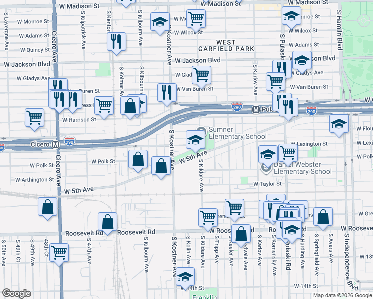 map of restaurants, bars, coffee shops, grocery stores, and more near 4320 West 5th Avenue in Chicago