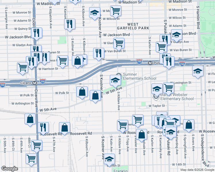 map of restaurants, bars, coffee shops, grocery stores, and more near 749 South Kostner Avenue in Chicago