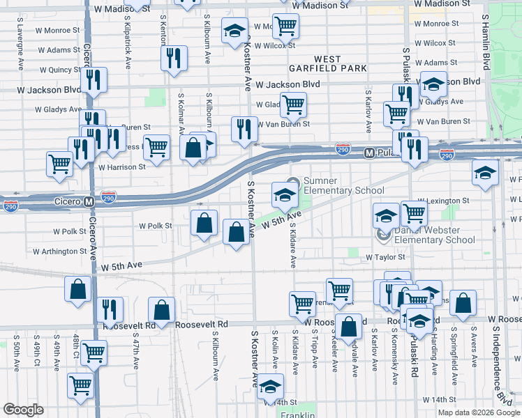 map of restaurants, bars, coffee shops, grocery stores, and more near 749 South Kostner Avenue in Chicago