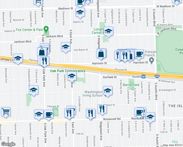 map of restaurants, bars, coffee shops, grocery stores, and more near 941 South Elmwood Avenue in Oak Park