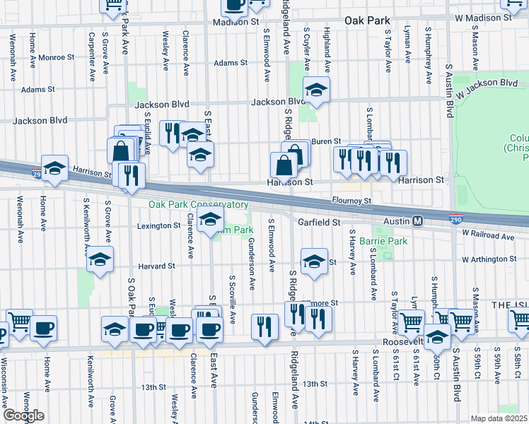 map of restaurants, bars, coffee shops, grocery stores, and more near 941 South Elmwood Avenue in Oak Park
