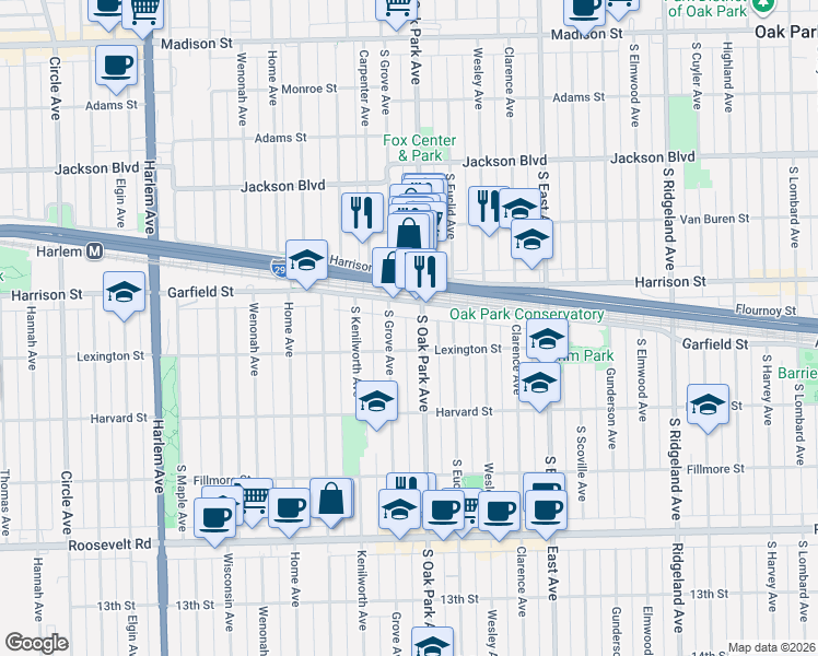 map of restaurants, bars, coffee shops, grocery stores, and more near 936 South Grove Avenue in Oak Park