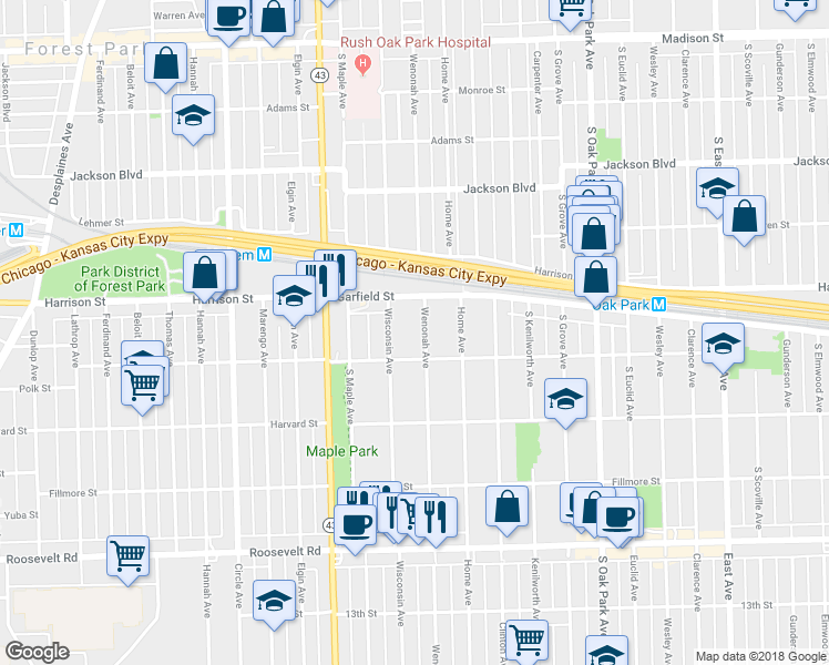 map of restaurants, bars, coffee shops, grocery stores, and more near 937 Wenonah Avenue in Oak Park