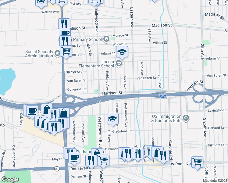 map of restaurants, bars, coffee shops, grocery stores, and more near 1134 Linden Avenue in Bellwood