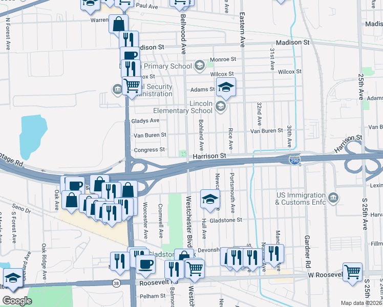 map of restaurants, bars, coffee shops, grocery stores, and more near 1133 Bellwood Avenue in Bellwood