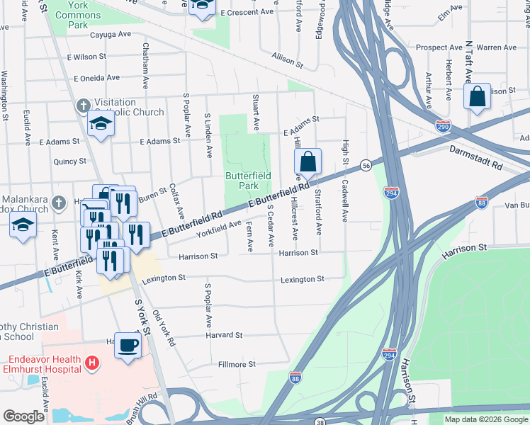 map of restaurants, bars, coffee shops, grocery stores, and more near 924 South Cedar Avenue in Elmhurst