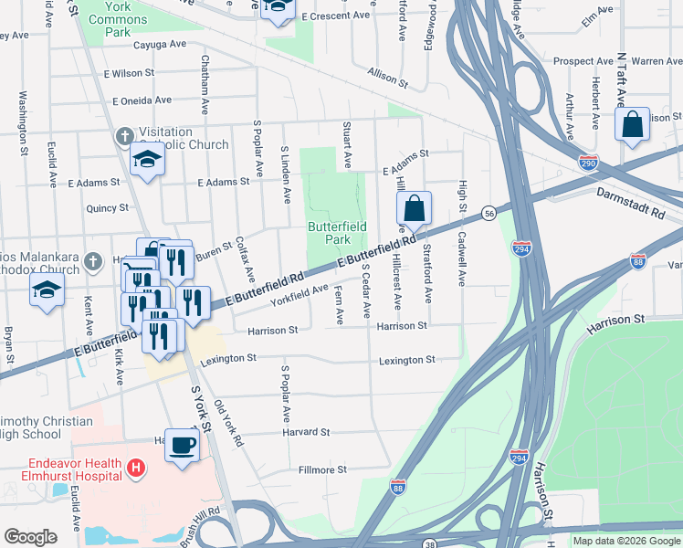 map of restaurants, bars, coffee shops, grocery stores, and more near 924 South Cedar Avenue in Elmhurst