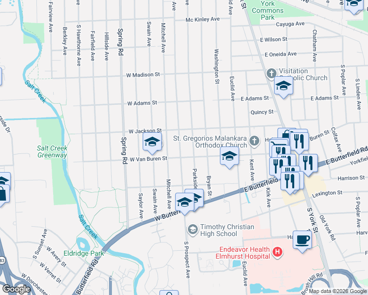 map of restaurants, bars, coffee shops, grocery stores, and more near 906 Parkside Avenue in Elmhurst