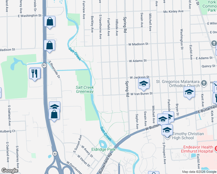 map of restaurants, bars, coffee shops, grocery stores, and more near 919 South Hawthorne Avenue in Elmhurst