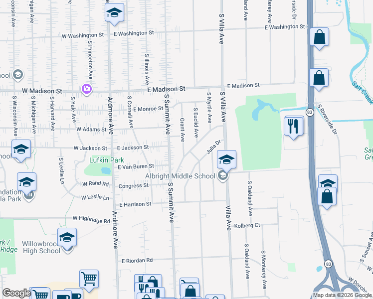 map of restaurants, bars, coffee shops, grocery stores, and more near 245 Terry Lane in Villa Park