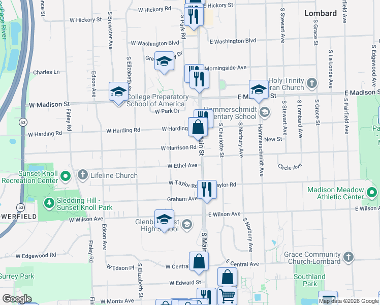 map of restaurants, bars, coffee shops, grocery stores, and more near 752 South Main Street in Lombard