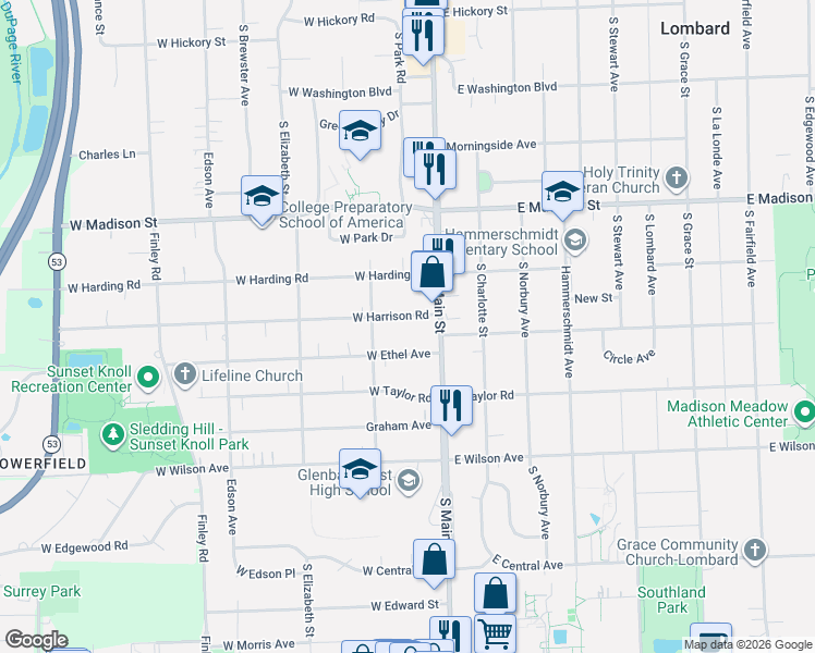 map of restaurants, bars, coffee shops, grocery stores, and more near 752 South Main Street in Lombard
