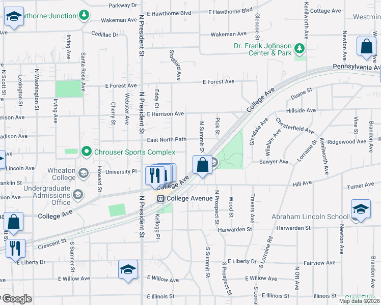 map of restaurants, bars, coffee shops, grocery stores, and more near 1333 College Avenue in Wheaton