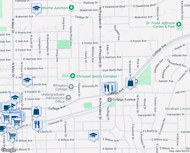 map of restaurants, bars, coffee shops, grocery stores, and more near 622 Webster Avenue in Wheaton