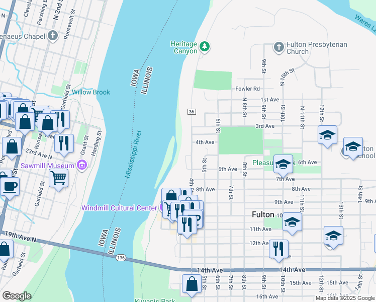 map of restaurants, bars, coffee shops, grocery stores, and more near 504 4th Street in Fulton