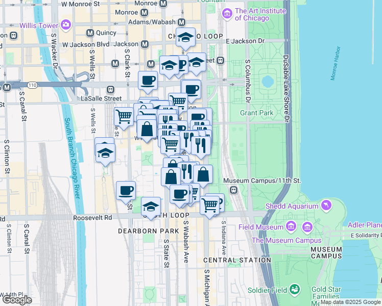 map of restaurants, bars, coffee shops, grocery stores, and more near 900 South Wabash Avenue in Chicago