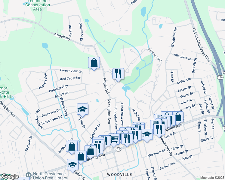 map of restaurants, bars, coffee shops, grocery stores, and more near 114 Turnessa Drive in North Providence