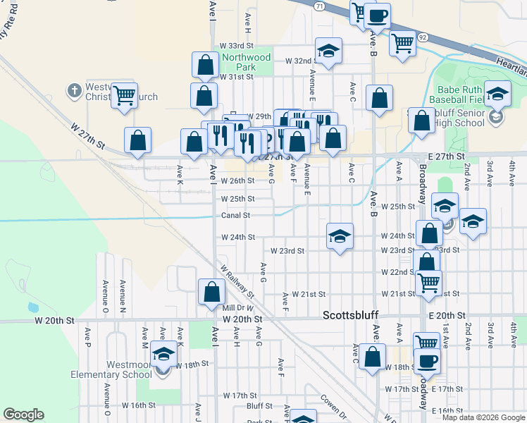 map of restaurants, bars, coffee shops, grocery stores, and more near 718 Canal St in Scottsbluff