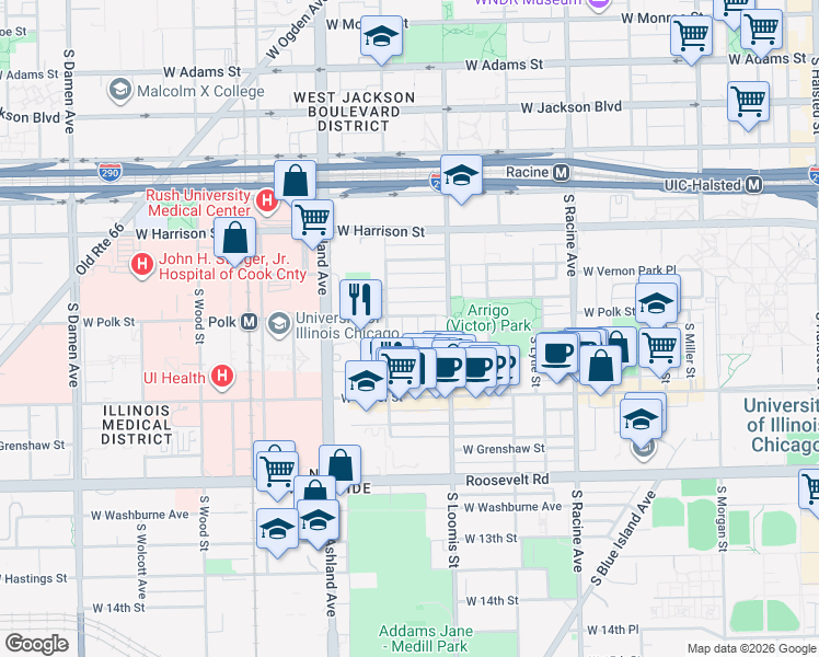 map of restaurants, bars, coffee shops, grocery stores, and more near 820 South Bishop Street in Chicago