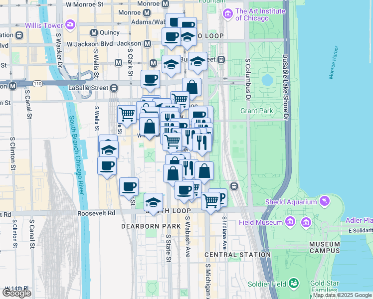 map of restaurants, bars, coffee shops, grocery stores, and more near 820-828 South Wabash Avenue in Chicago