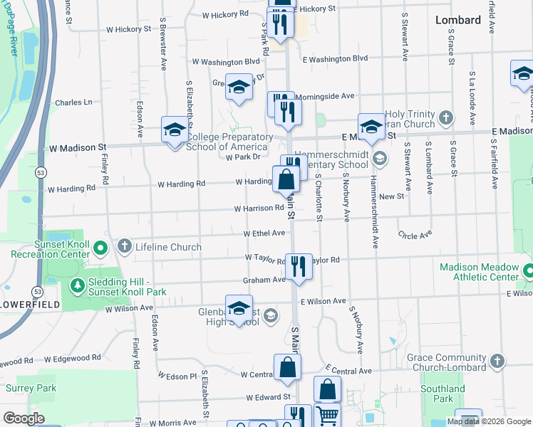 map of restaurants, bars, coffee shops, grocery stores, and more near 39 West Harrison Road in Lombard