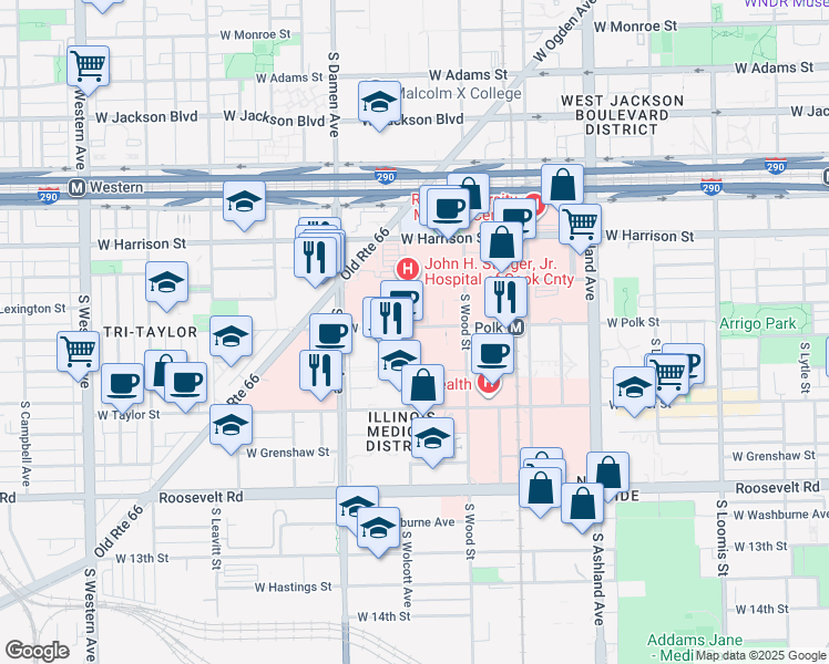 map of restaurants, bars, coffee shops, grocery stores, and more near 1853 West Polk Street in Chicago