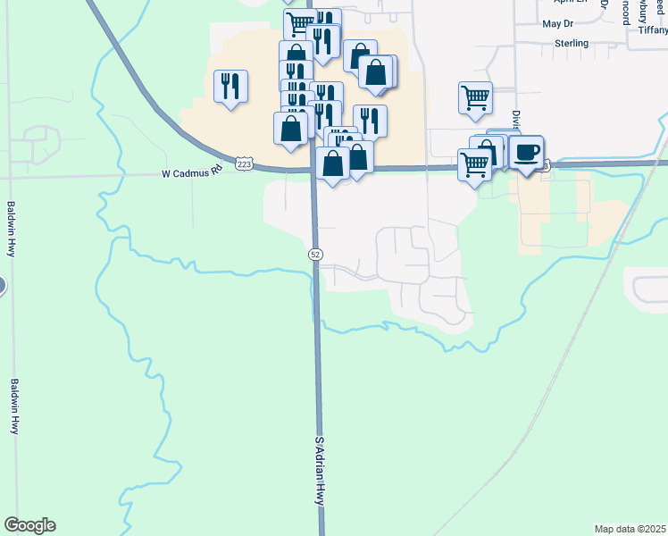map of restaurants, bars, coffee shops, grocery stores, and more near 1 Yukon River Court in Adrian