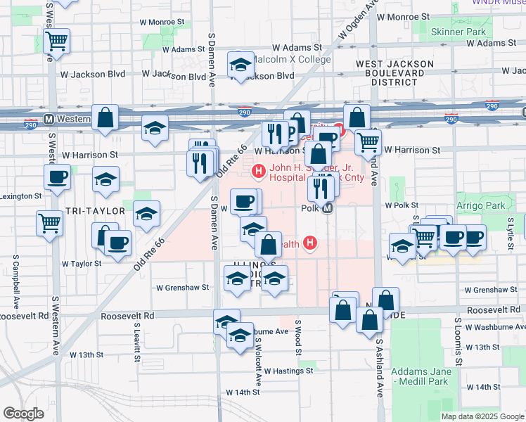 map of restaurants, bars, coffee shops, grocery stores, and more near 1853 West Polk Street in Chicago