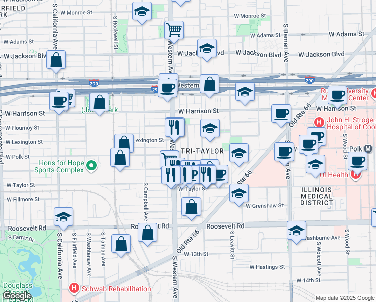 map of restaurants, bars, coffee shops, grocery stores, and more near 796 South Claremont Avenue in Chicago