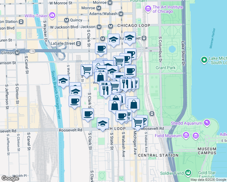 map of restaurants, bars, coffee shops, grocery stores, and more near 811 South State Street in Chicago