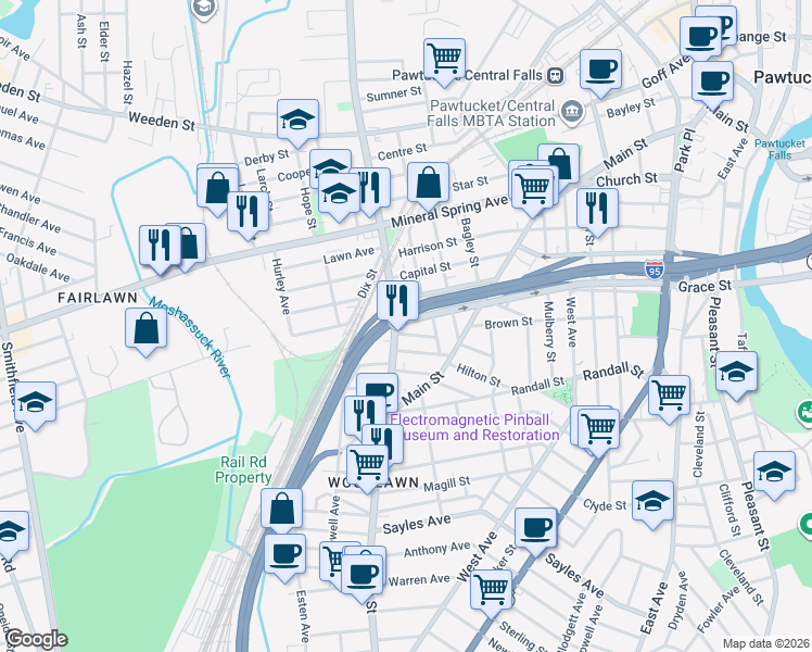 map of restaurants, bars, coffee shops, grocery stores, and more near 74 Comstock Street in Pawtucket