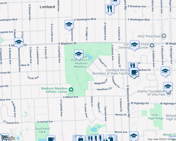 map of restaurants, bars, coffee shops, grocery stores, and more near 603 Lilac Way in Lombard