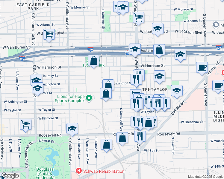map of restaurants, bars, coffee shops, grocery stores, and more near 2549 West Polk Street in Chicago