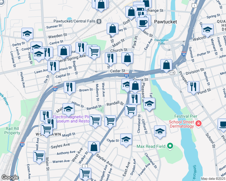 map of restaurants, bars, coffee shops, grocery stores, and more near 71 Pine Street in Pawtucket