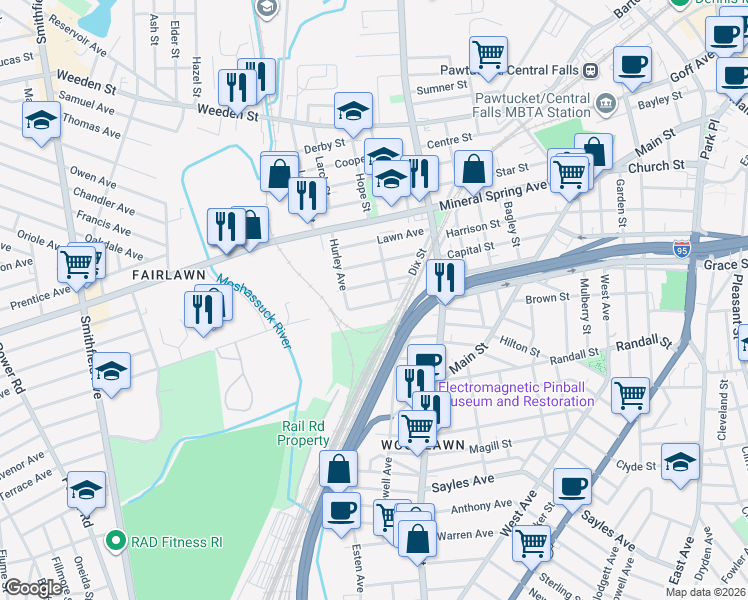 map of restaurants, bars, coffee shops, grocery stores, and more near 40 Grotto Avenue in Pawtucket