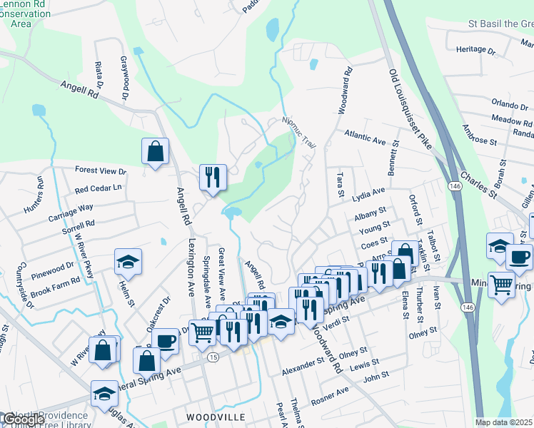 map of restaurants, bars, coffee shops, grocery stores, and more near 103 Palmer Drive in North Providence