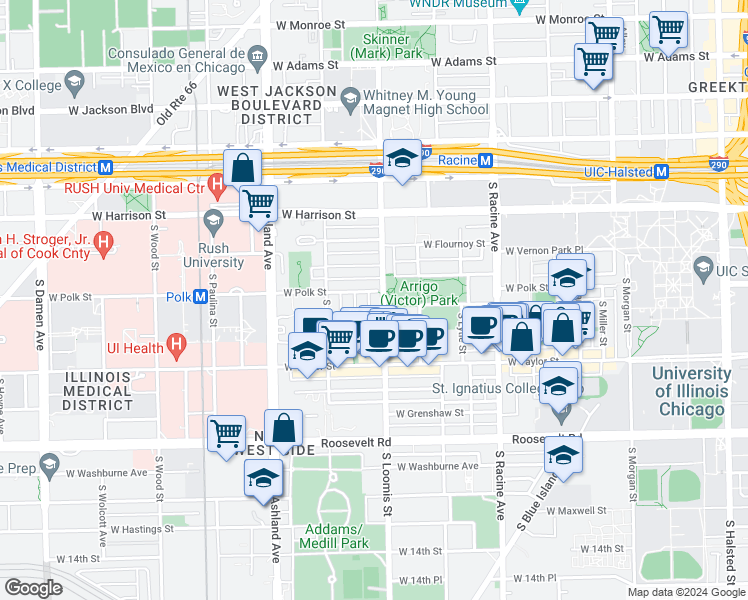 map of restaurants, bars, coffee shops, grocery stores, and more near 817 South Loomis Street in Chicago
