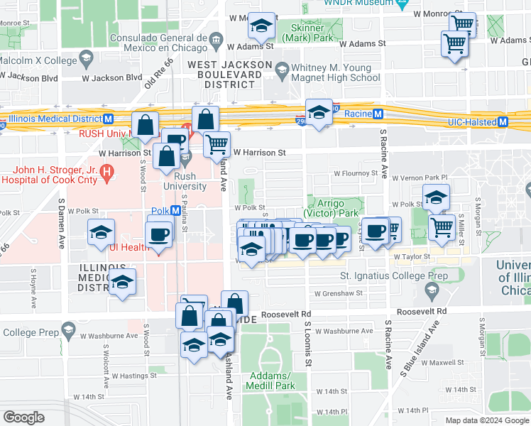 map of restaurants, bars, coffee shops, grocery stores, and more near 814 South Laflin Street in Chicago