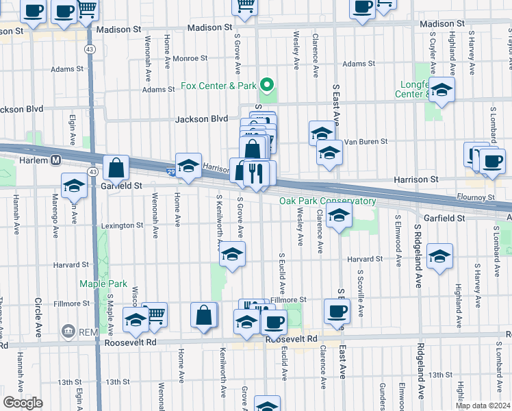 map of restaurants, bars, coffee shops, grocery stores, and more near 936 South Grove Avenue in Oak Park