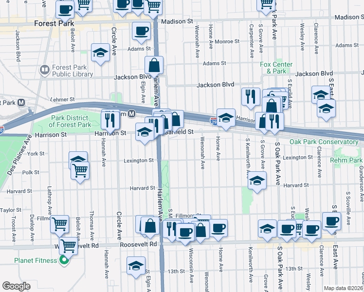 map of restaurants, bars, coffee shops, grocery stores, and more near 939 Wisconsin Avenue in Oak Park