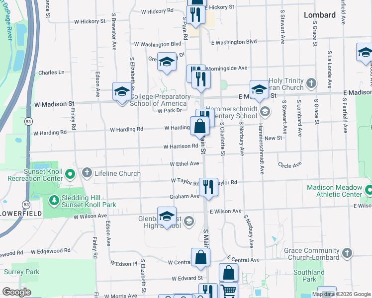 map of restaurants, bars, coffee shops, grocery stores, and more near 39 West Harrison Road in Lombard