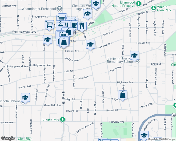 map of restaurants, bars, coffee shops, grocery stores, and more near 612 Turner Avenue in Glen Ellyn